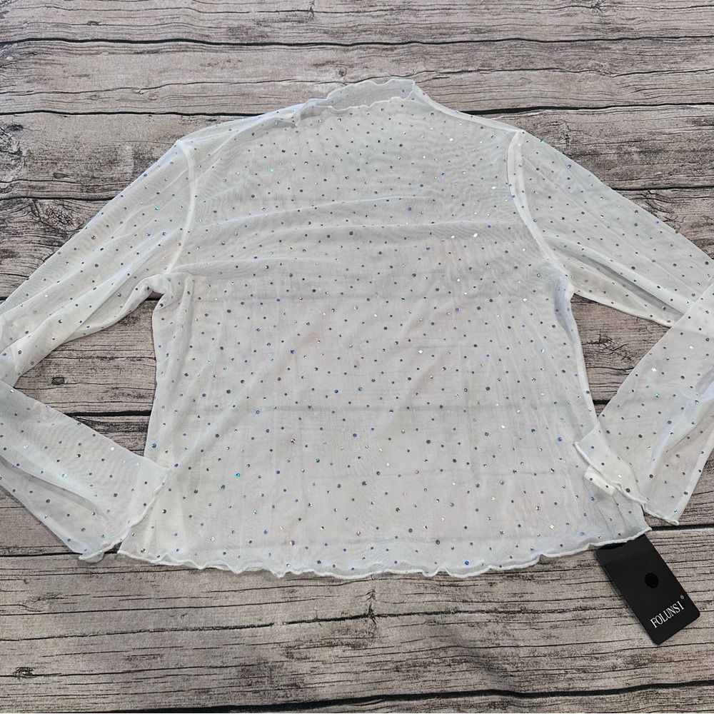 NWT Amazon Folunsi White Sheer Mesh Long-Sleeve Top Rhinestone Polka Dots XL